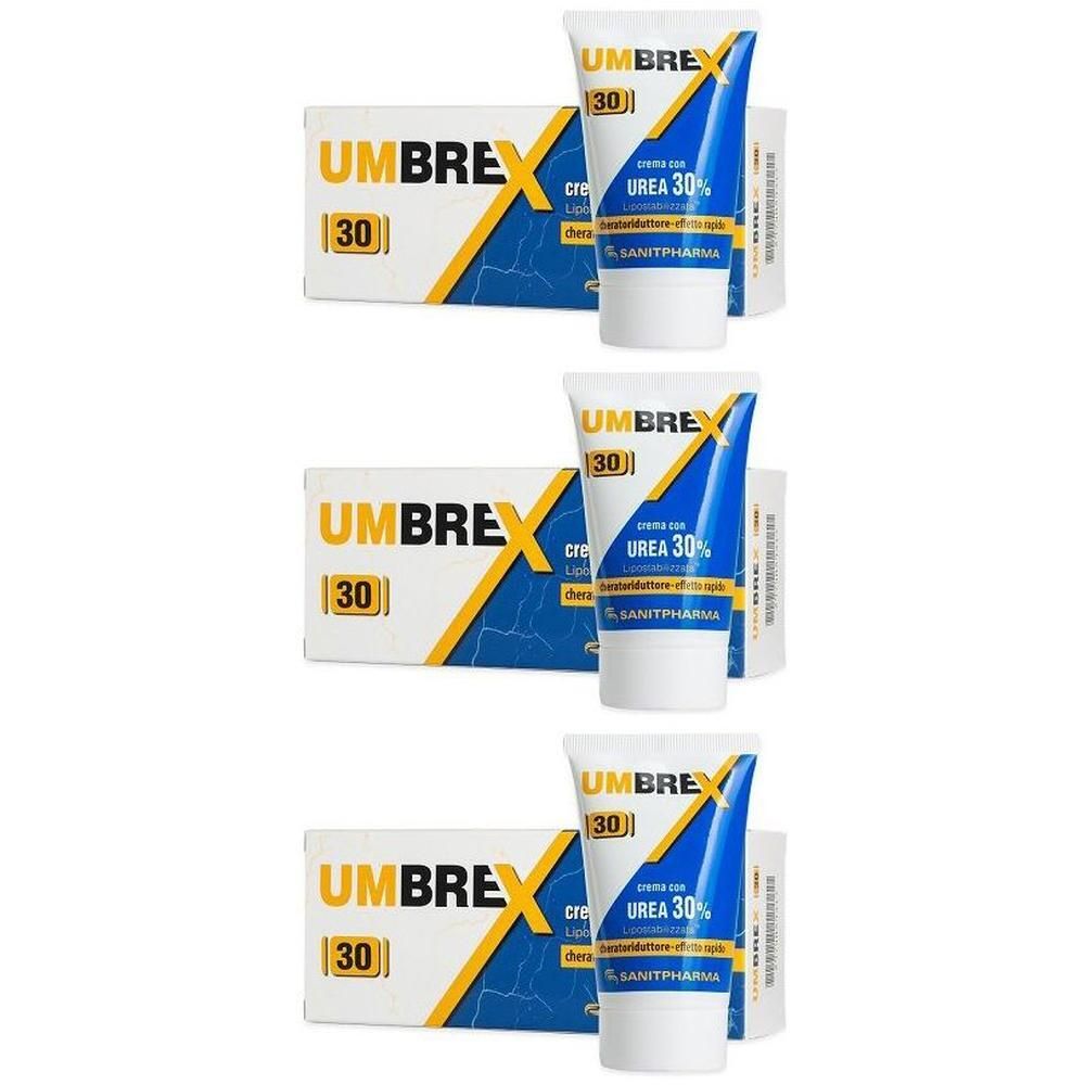 Tre tubetti e scatole di crema Umbrex 30 Urea 30%.