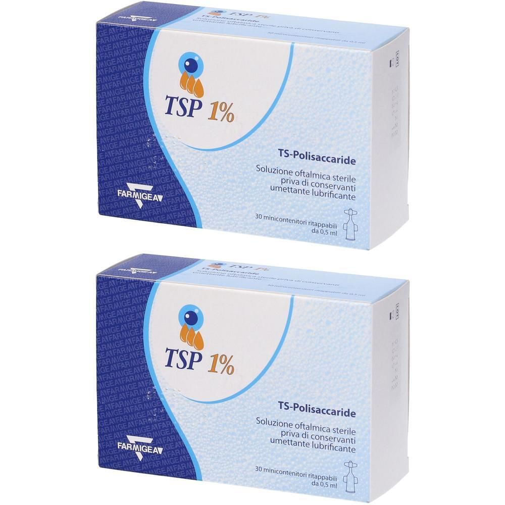 Due confezioni di TSP 1% soluzione oftalmica, 30 flaconcini monodose sterili.