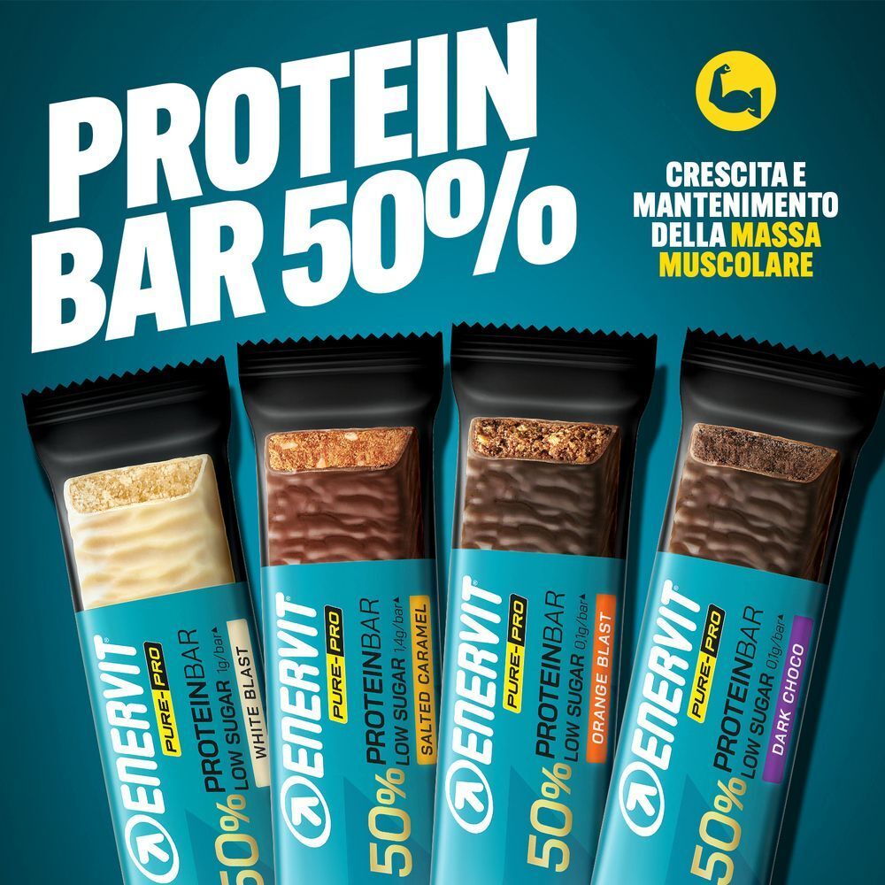 Quattro barrette proteiche ENERVIT Pure-Pro: White Blast, Salted Caramel, Orange Blast, Dark Choco.