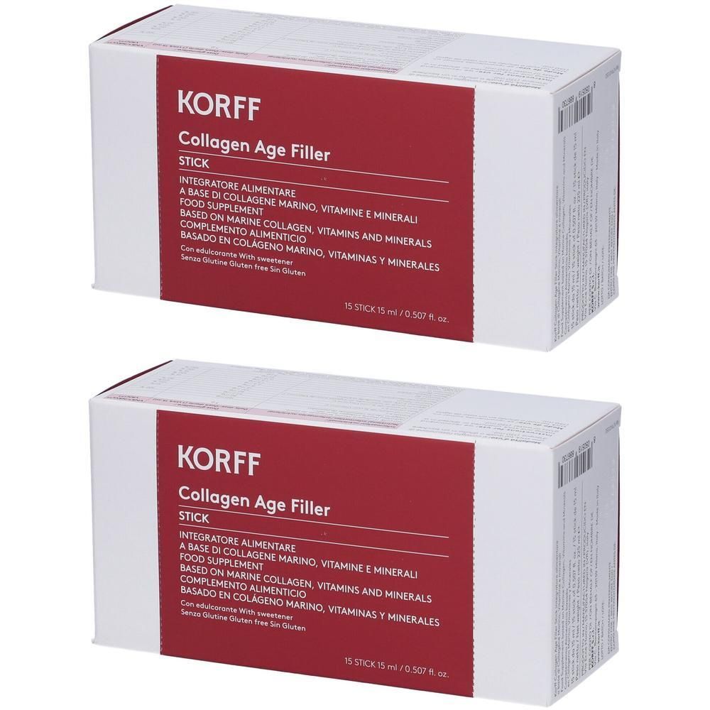 Due scatole di KORFF Collagen Age Filler Stick, integratore alimentare.