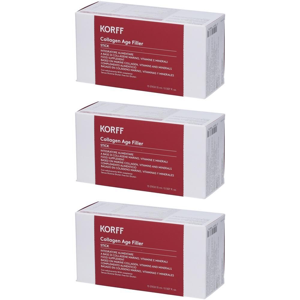 Tre stick KORFF Collagen Age Filler in confezione bianca e rossa.