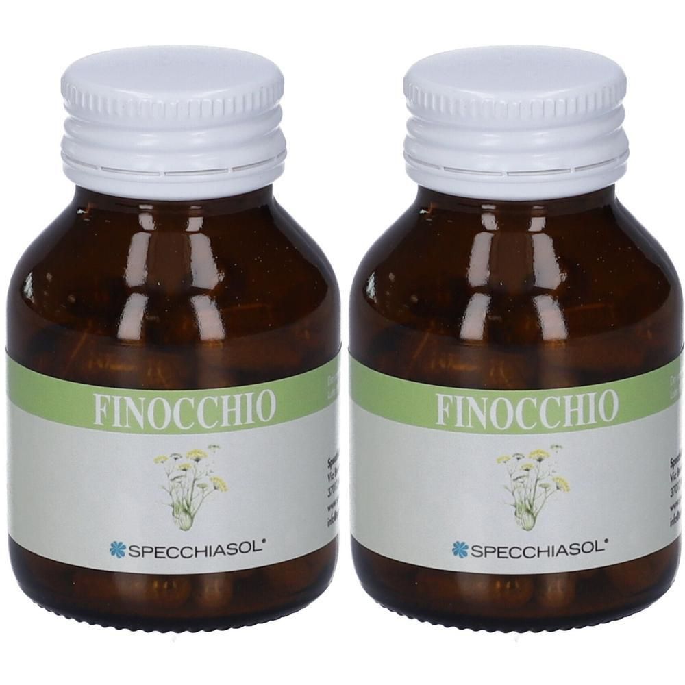 Due flaconi in vetro ambrato con tappo bianco, etichetta "FINOCCHIO" e "SPECCHIASOL".