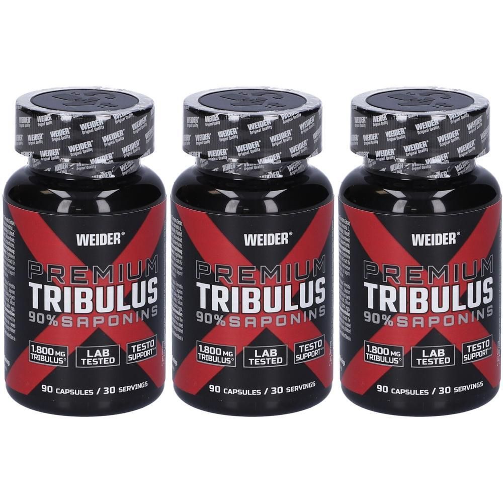 Tre flaconi di Weider Premium Tribulus, 90 capsule per flacone. Ogni capsula contiene 1.800 mg di Tribulus.