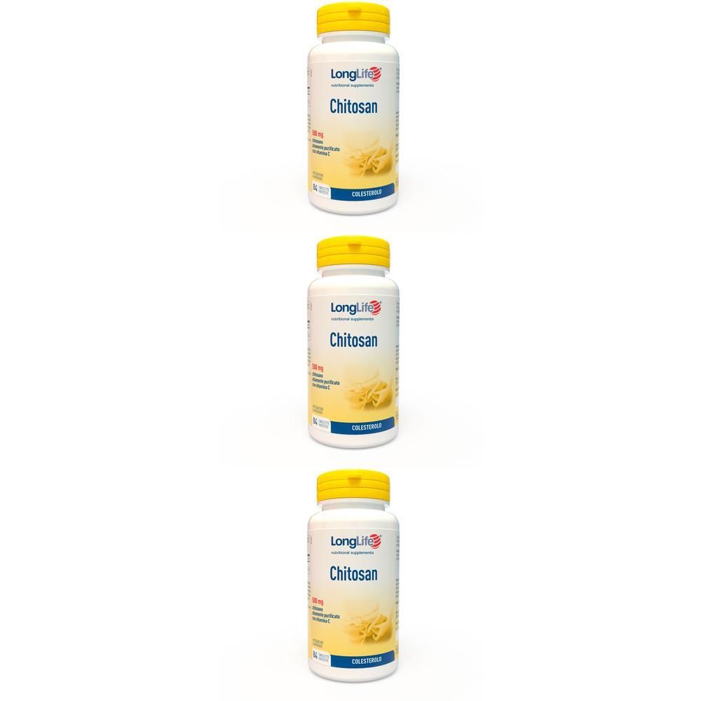 Tre flaconi bianchi con tappi gialli, etichettati 'LongLife Chitosan'.