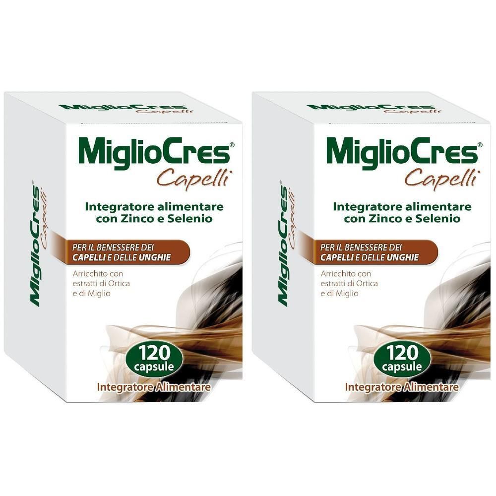 Due confezioni di Migliocres Capelli, integratore alimentare con zinco e selenio per capelli e unghie, 120 capsule per confezione.