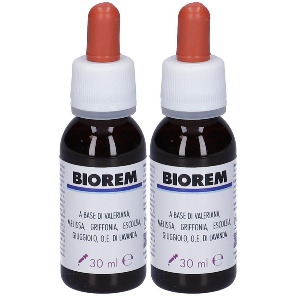 Due flaconi in vetro scuro con contagocce, etichetta "BIOREM" e "30 ml".
