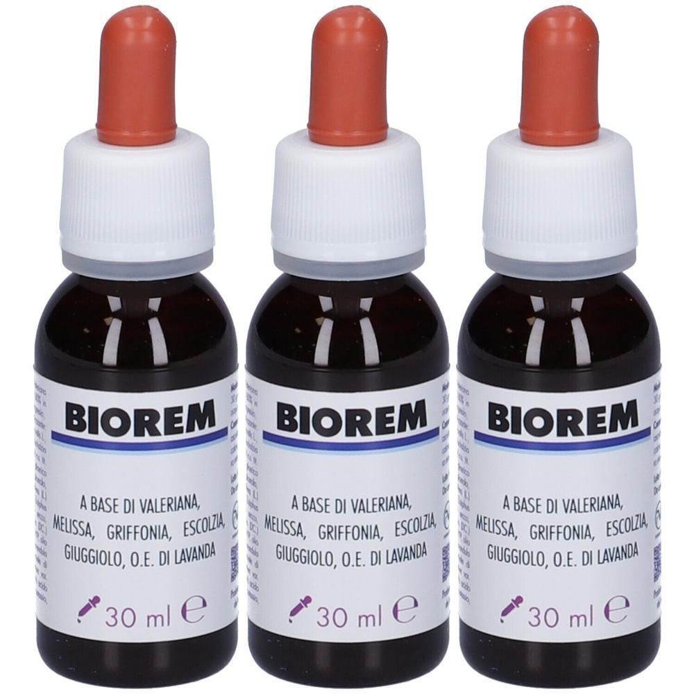 Tre flaconi in vetro ambrato con contagocce, etichetta 'BIOREM' e '30 ml'.