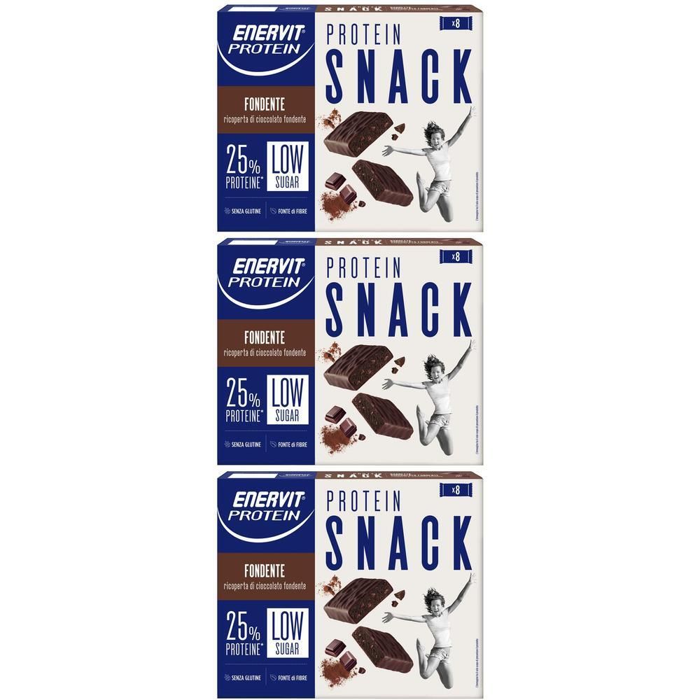 Tre confezioni di Enervit Protein Snack Fondente, 25% proteine, basso contenuto di zuccheri.