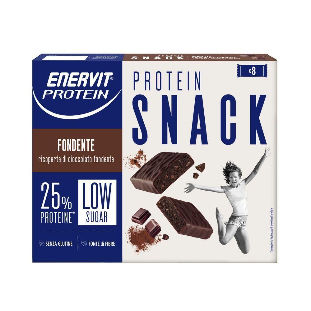 Confezione Enervit Protein Snack da 8 barrette, cioccolato fondente, 25% proteine, basso contenuto di zuccheri.
