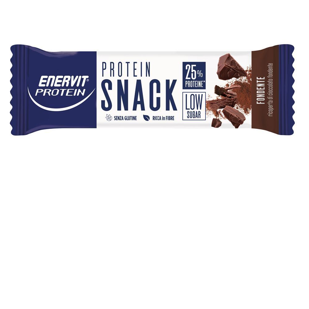 Barretta Enervit Protein Snack, cioccolato fondente, 25% proteine, basso contenuto di zuccheri.