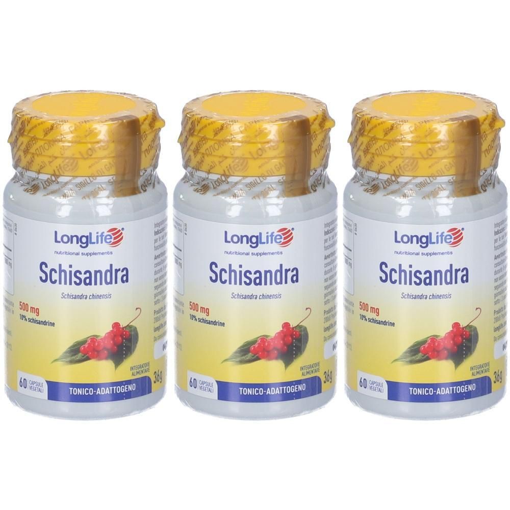 Tre flaconi di integratori LongLife Schisandra, 60 capsule ciascuno.