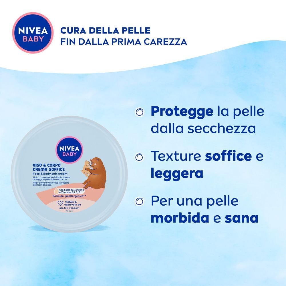 Vasetto Nivea Baby, orso con cucciolo, e testo su protezione pelle, texture soffice e pelle morbida.