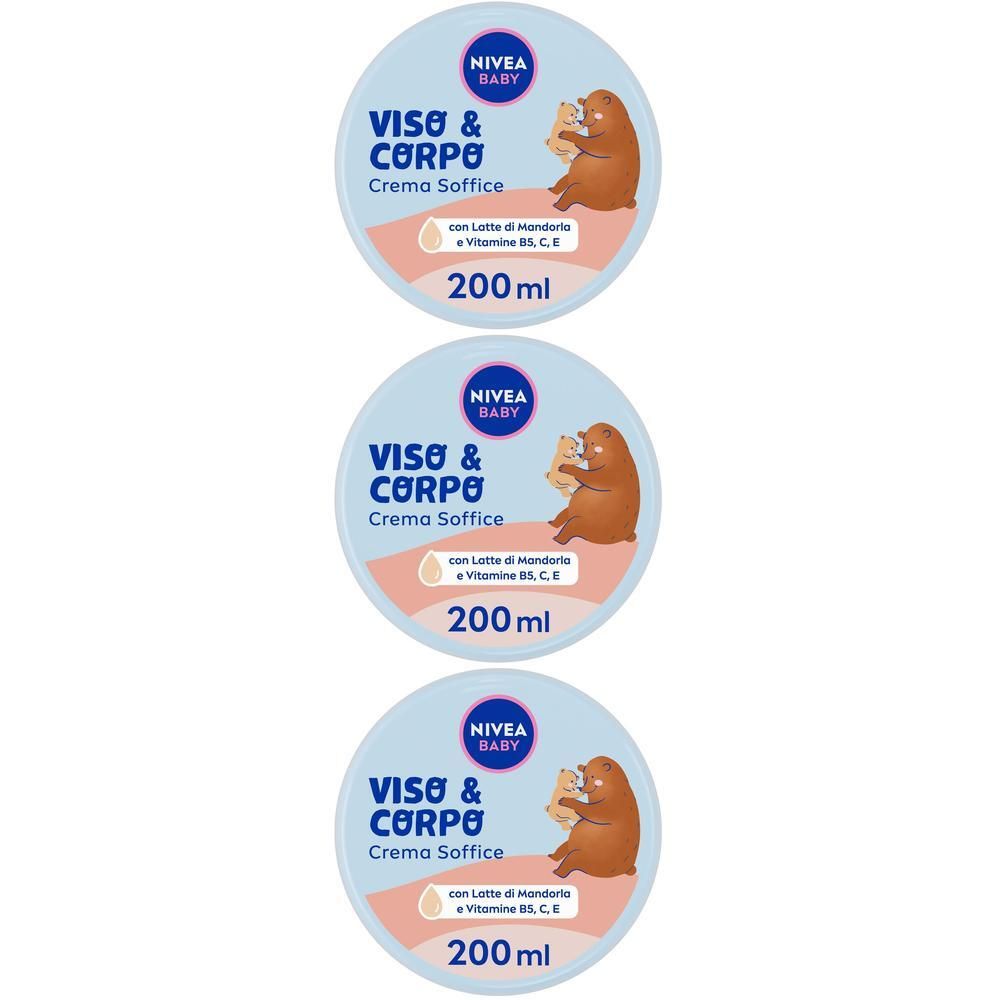 Tre barattoli di crema Nivea Baby Viso & Corpo con orso e indicazione 200ml.