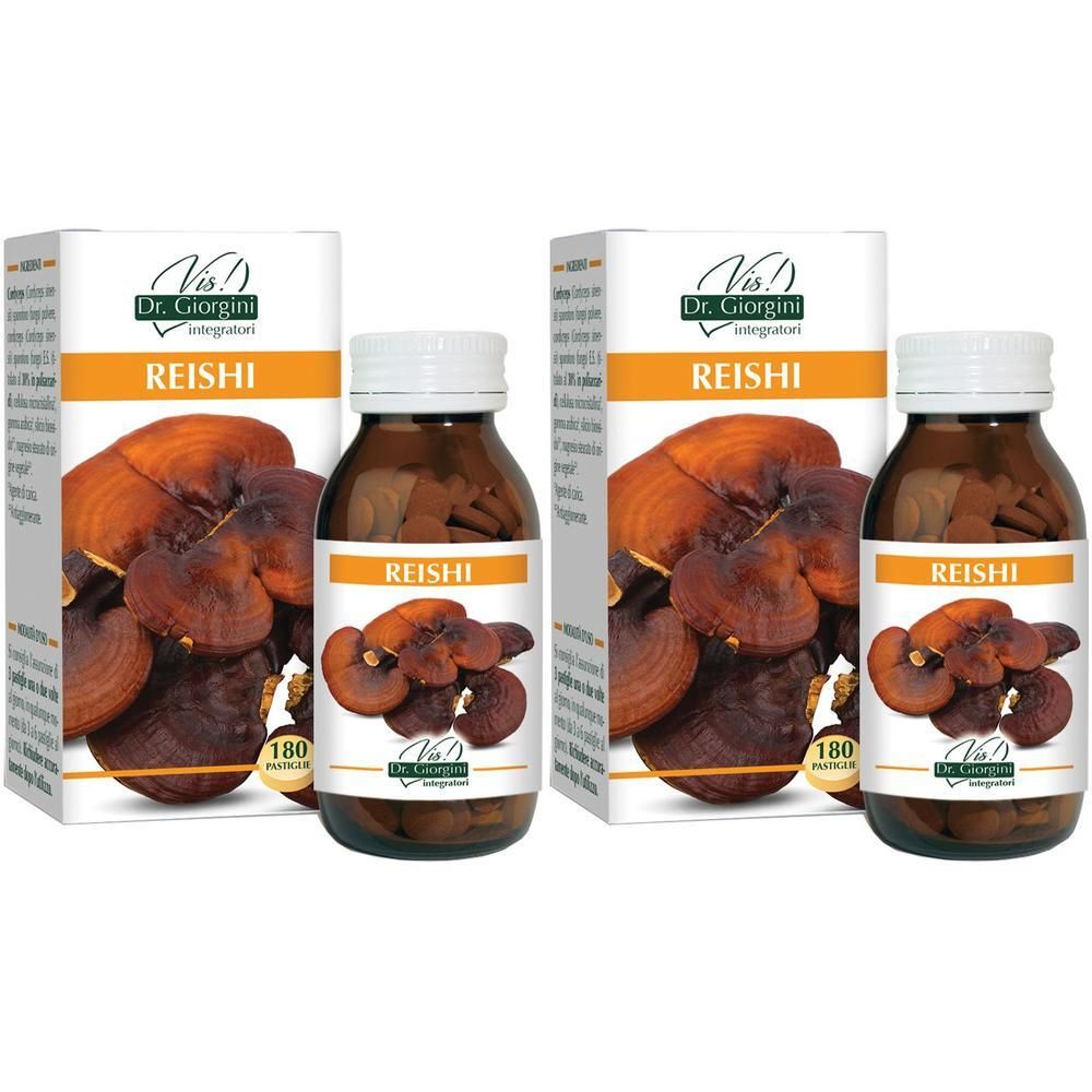 Due confezioni di pastiglie di Reishi con immagine di fungo e informazioni sul prodotto.