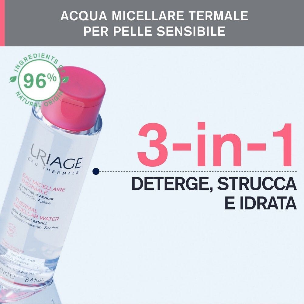 URIAGE Acqua micellare termale pelle sensibile, viso, occhi, labbra, strucca, lenisce