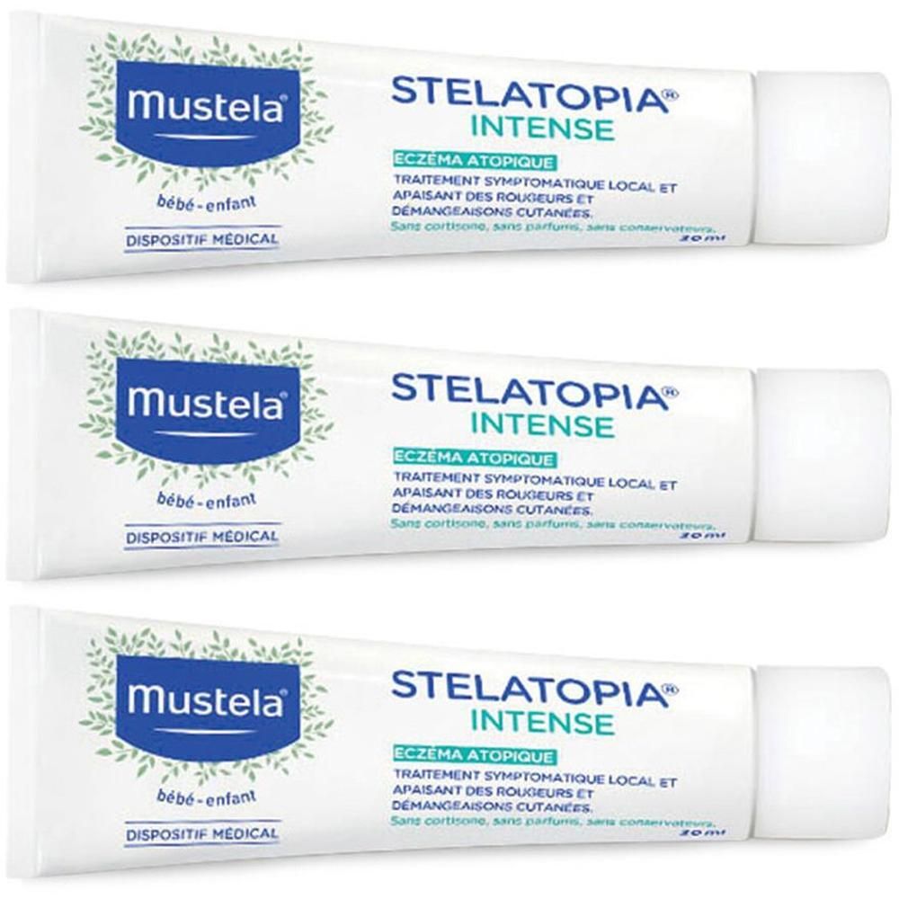 Tre tubi di Mustela Stelatopia Intense, dispositivo medico per neonati e bambini.