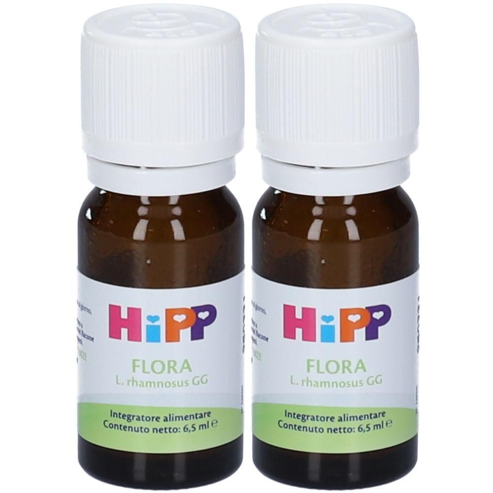 Due flaconi in vetro marrone con tappi bianchi, Hipp Flora L. rhamnosus GG, 6,5 ml.