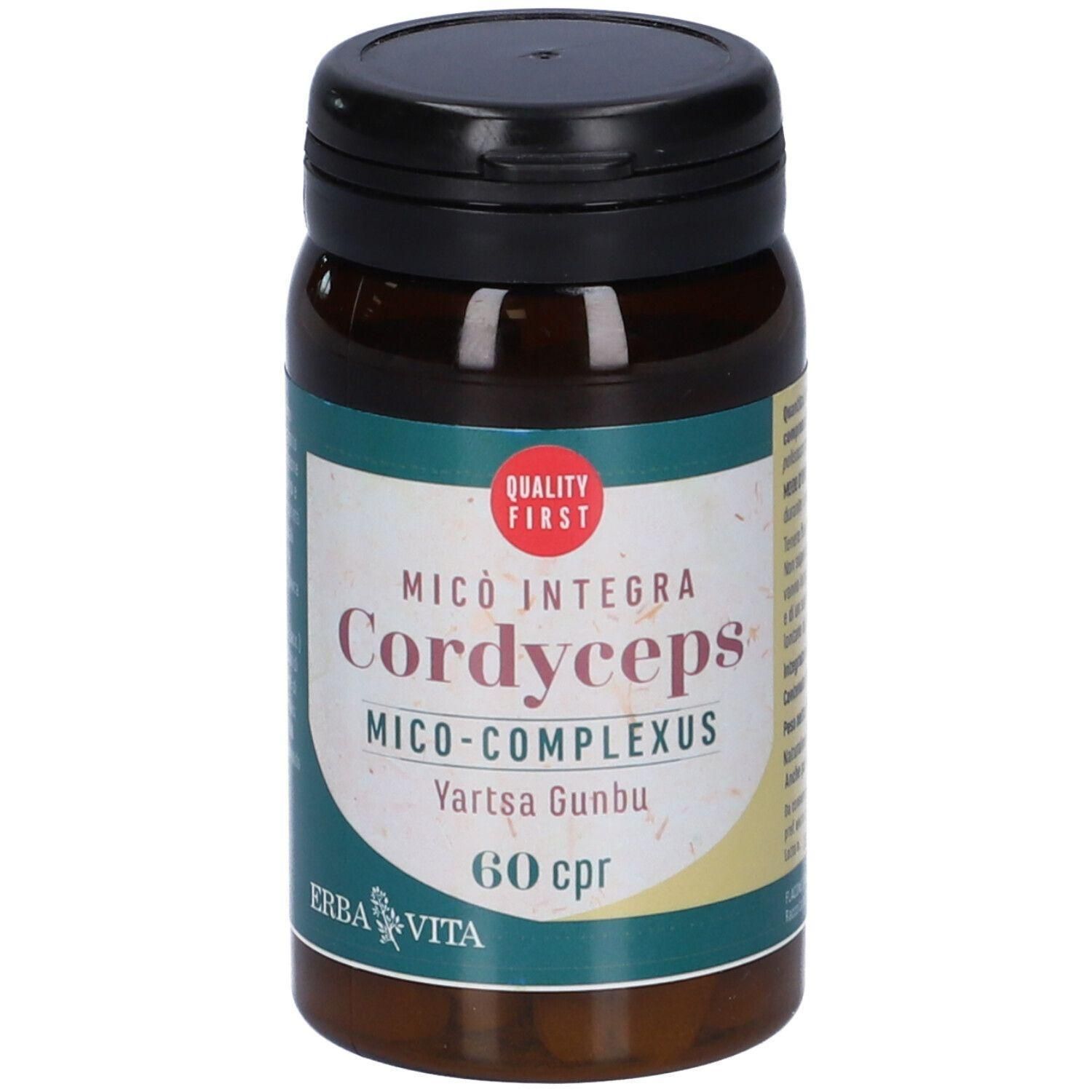 Barattolo di pillole marrone con tappo nero, etichetta "Cordyceps Mico Integra" e "60 cpr".