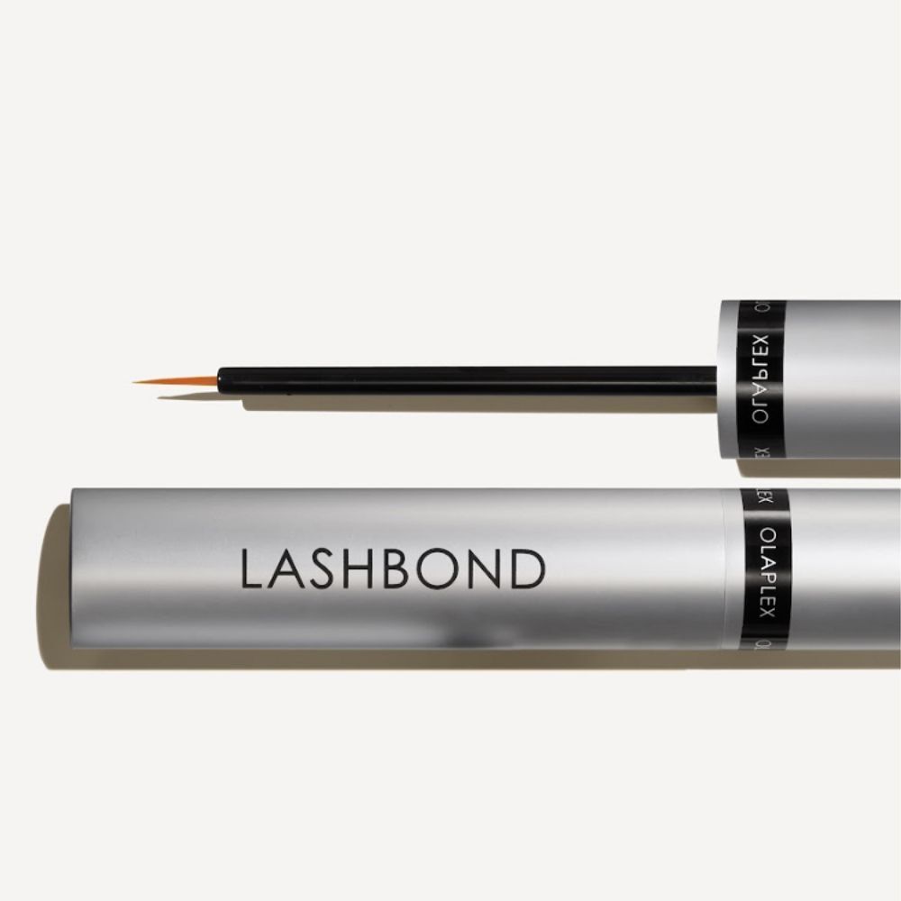 Siero Olaplex LASHBOND™ con applicatore, confezione argentata con testo.