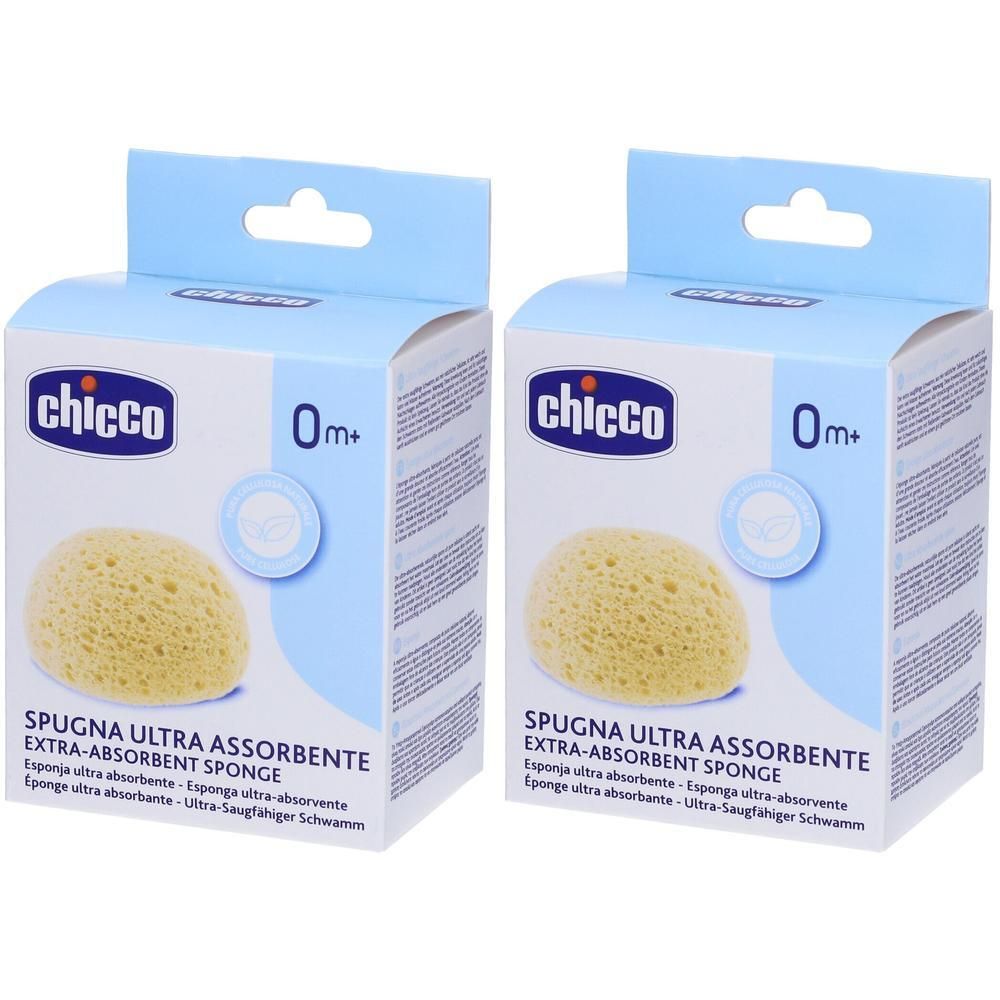 Due spugne Chicco Spugna Ultra Assorbente in confezione. Spugne gialle e porose.