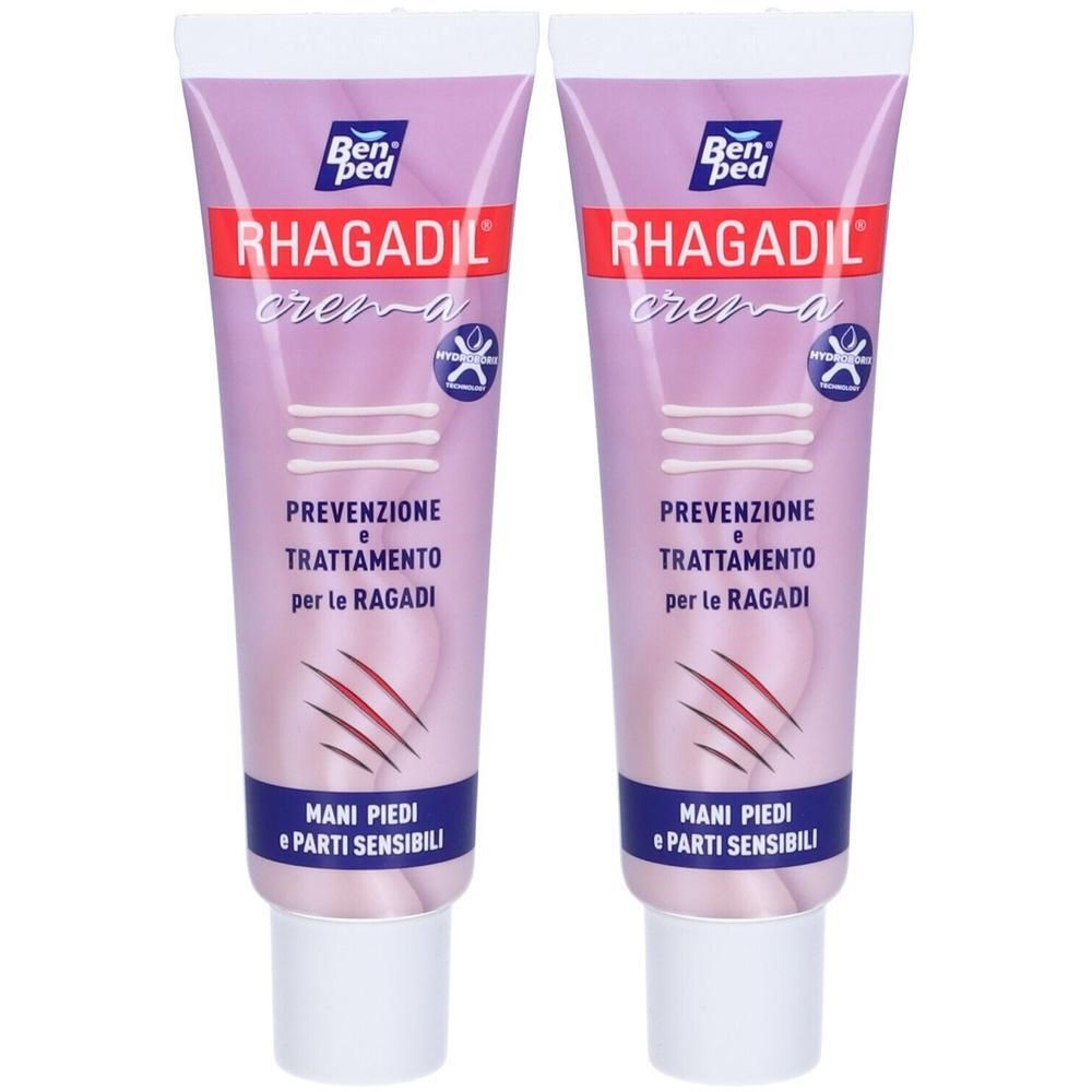 Due tubi di crema Rhagadil per prevenzione e trattamento delle ragadi. Per mani, piedi e parti sensibili.