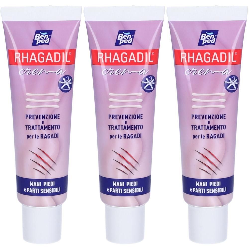 Tre tubi di crema Rhagadil per la prevenzione e il trattamento delle ragadi di mani, piedi e parti sensibili.