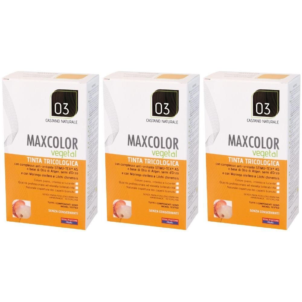 Tre confezioni di MAXCOLOR vegetal Tinta Tricologica, tonalità 03 Castano Naturale.