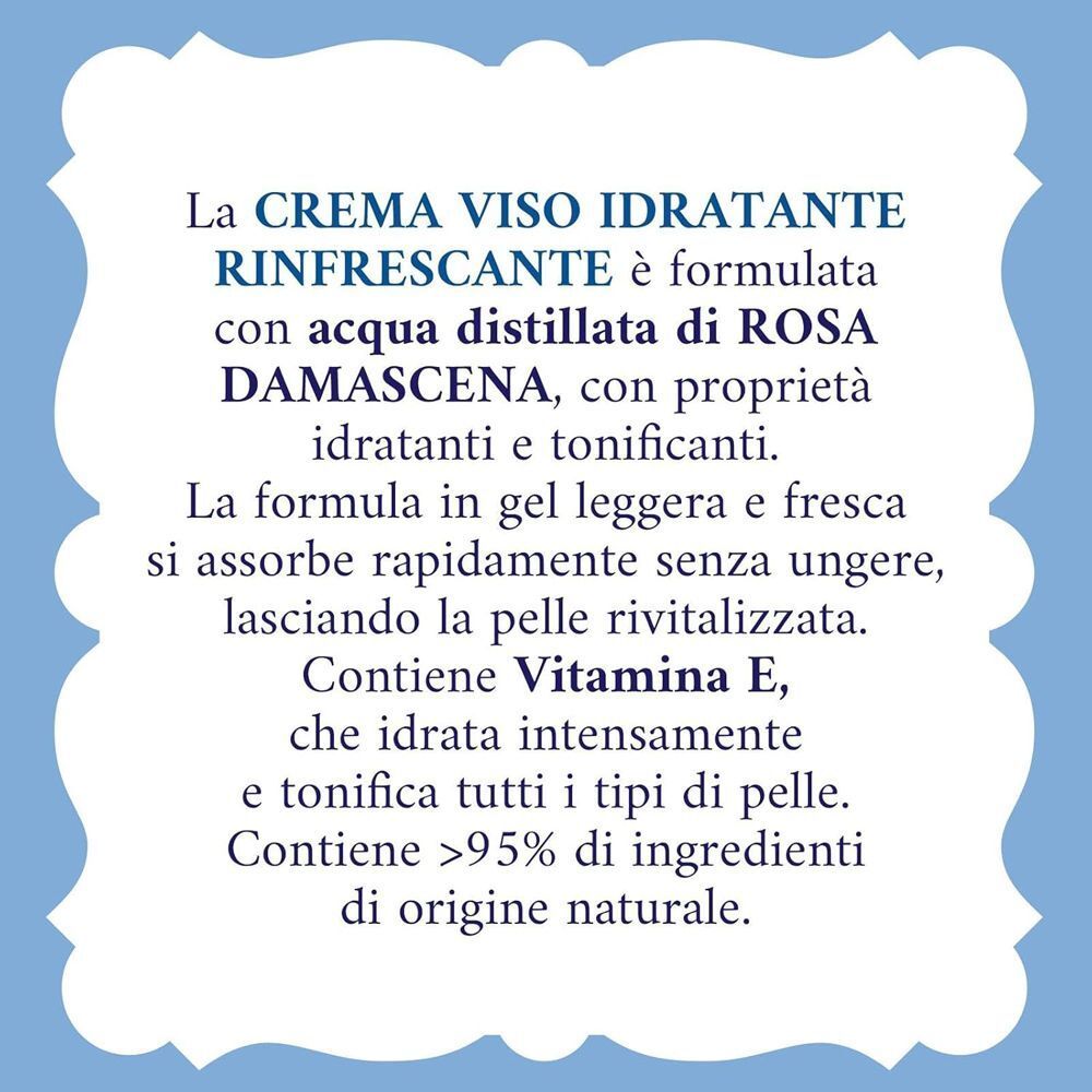 Crema viso idratante Acqua alle Rose con acqua di rosa damascena e Vitamina E. Formula gel leggera.
