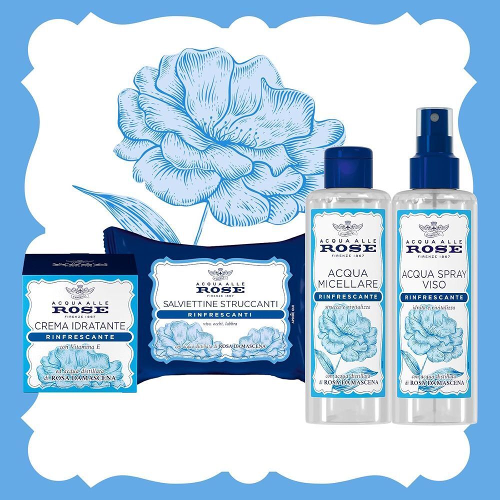Prodotti Acqua alle Rose: crema viso, salviettine, acqua micellare, spray viso.