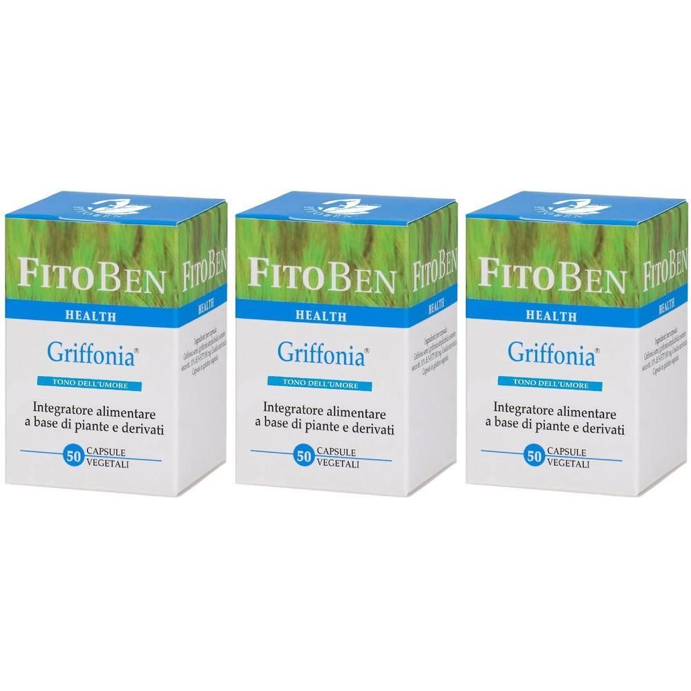 Tre confezioni di FitoBEN Griffonia, integratore alimentare, 50 capsule vegetali per confezione.