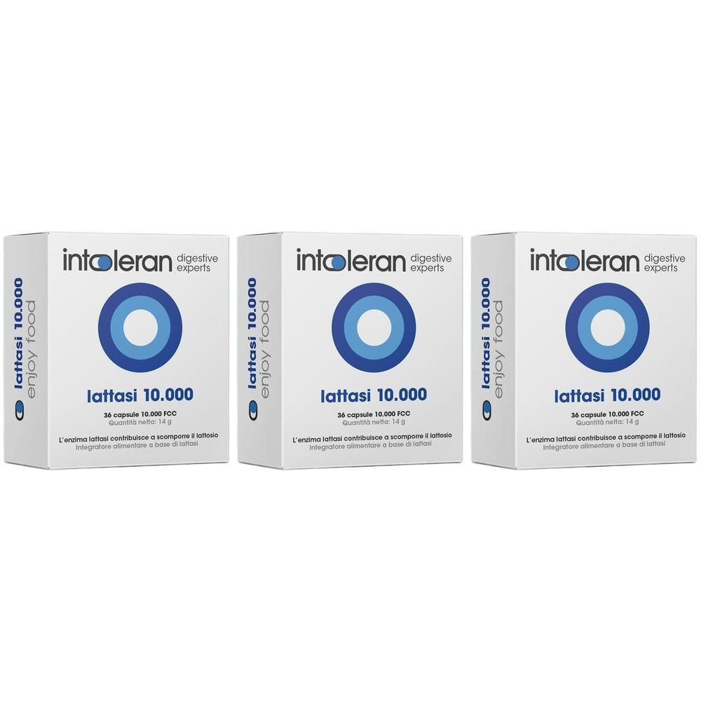 Tre confezioni di capsule Intoleran Lattasi 10.000 con logo cerchio blu e testo.