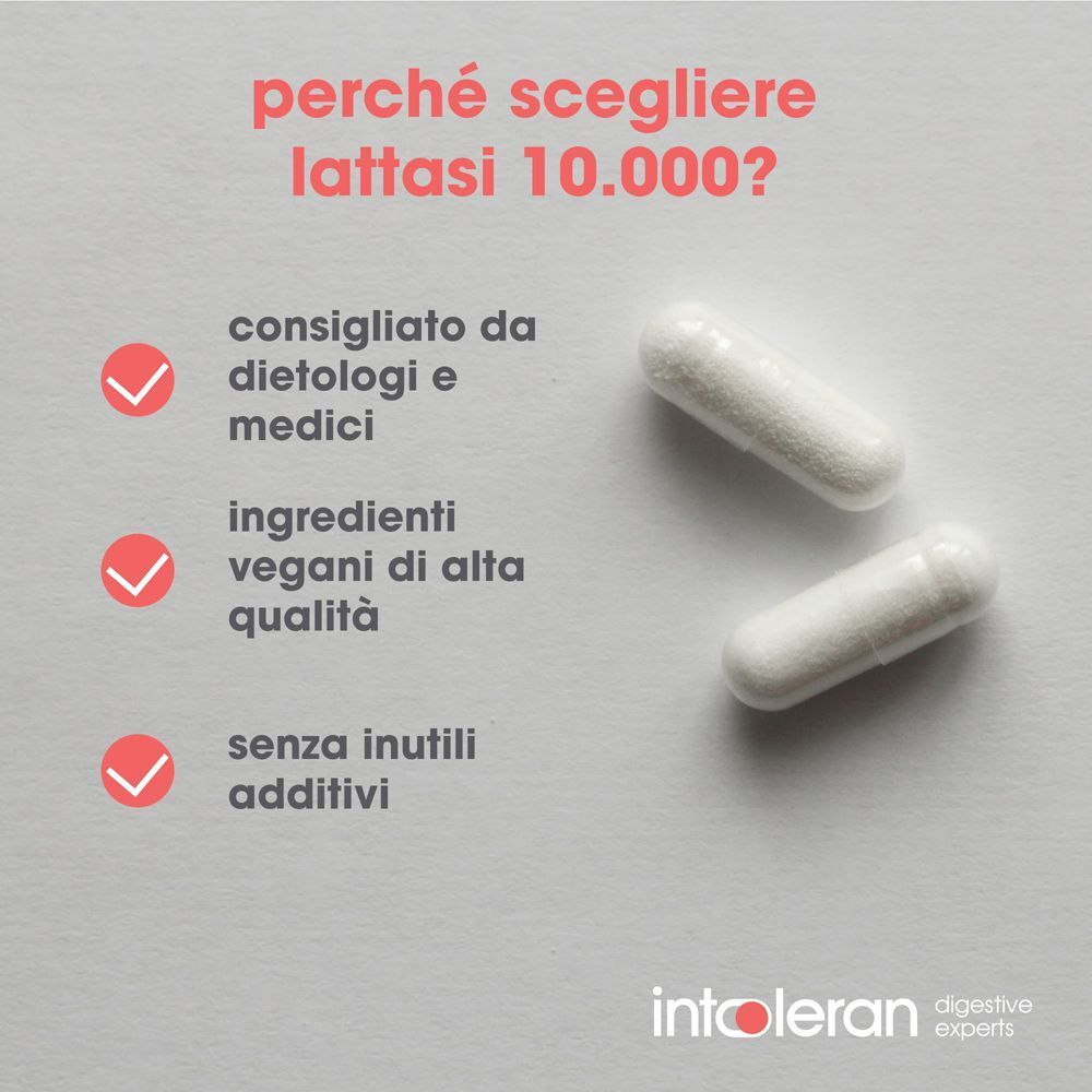 Due capsule di lattasi bianche su sfondo grigio con segni di spunta e testo.