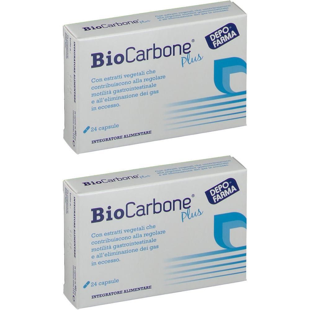 Due confezioni di BioCarbone Plus, integratore alimentare da 24 capsule.