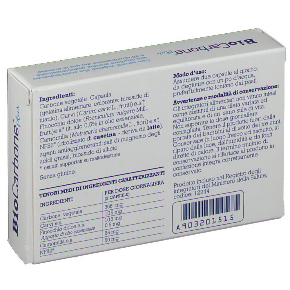 Retro della confezione BioCarbone Plus con elenco ingredienti e valori nutrizionali.