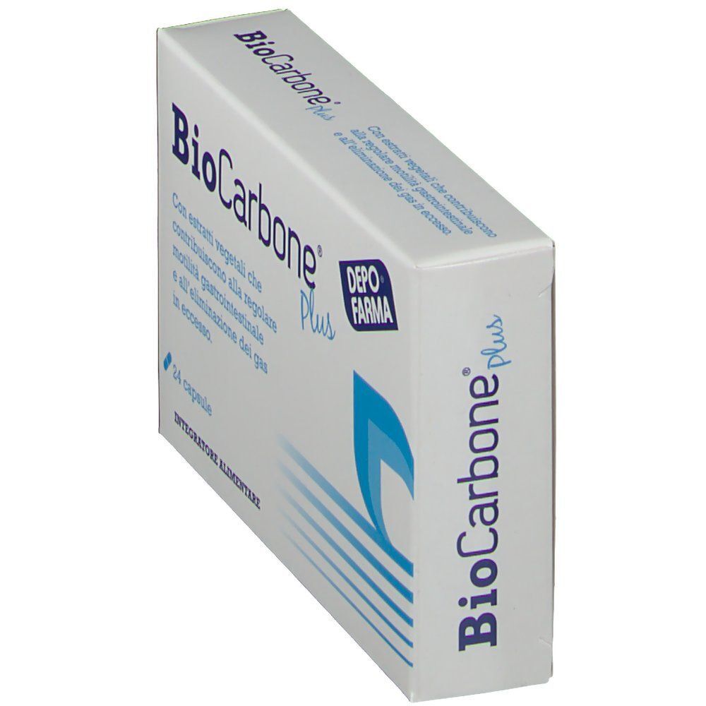 Una confezione di BioCarbone Plus, integratore alimentare, vista di lato.
