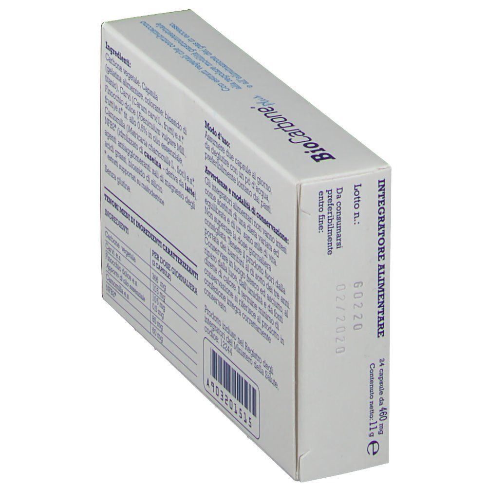 Vista laterale di una confezione di BioCarbone Plus, integratore alimentare, con numero di lotto e data di scadenza.