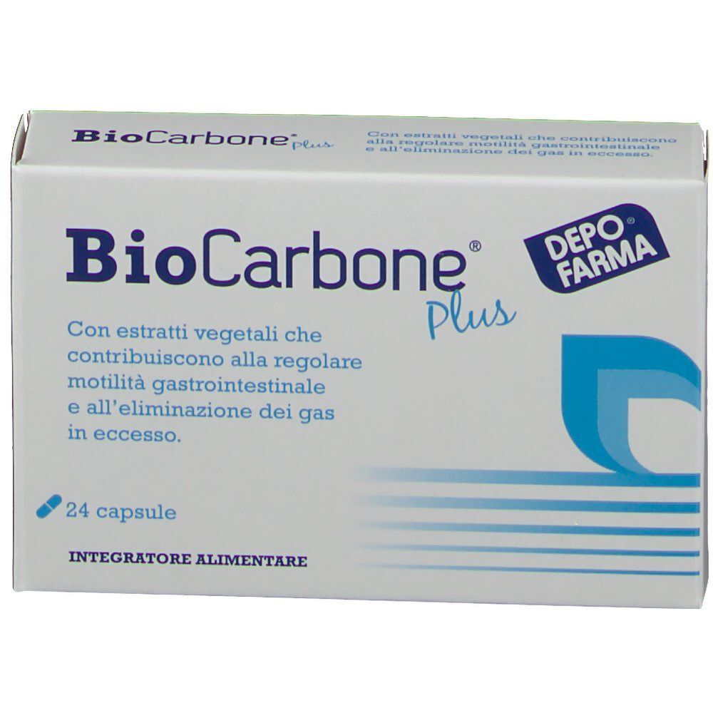Fronte di una confezione di BioCarbone Plus, integratore alimentare, 24 capsule.