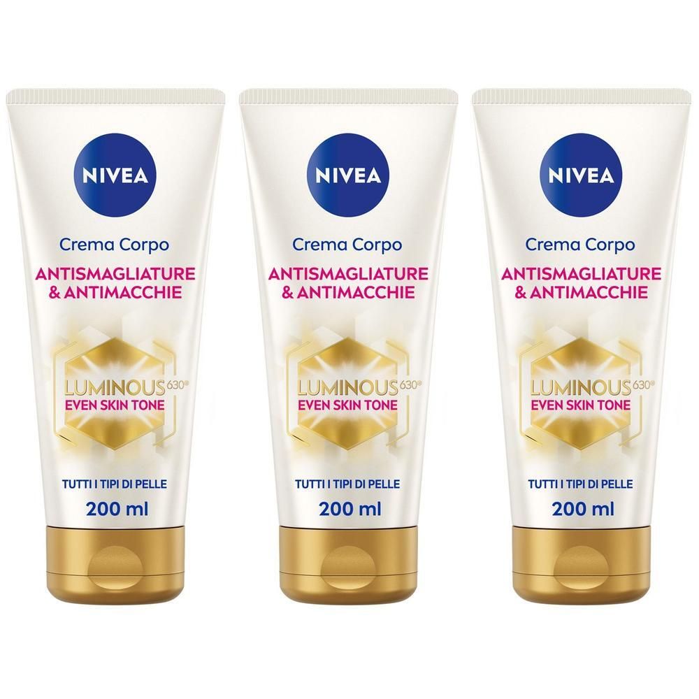 Tre tubi di crema corpo Nivea Luminous630, design bianco e oro.