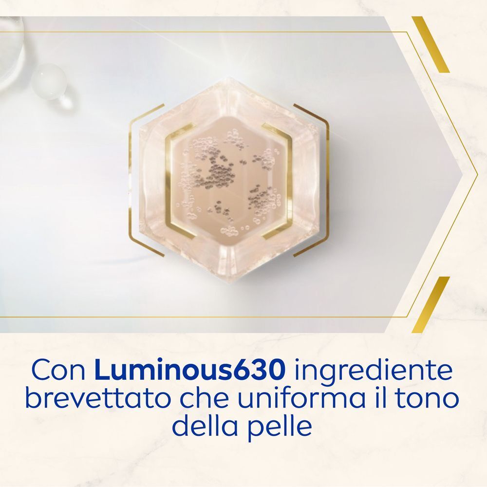 Simbolo esagonale con formula Luminous630 per un tono della pelle uniforme.