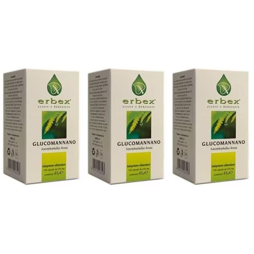 Tre confezioni di Glucomannano Erbez, integratore alimentare da 100 capsule da 430 mg.