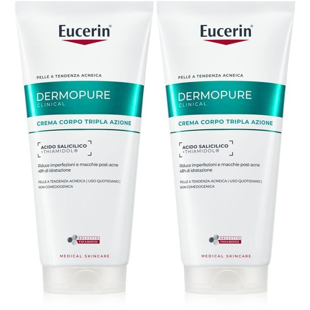 Due tubi di Eucerin Dermopure Crema Corpo Tripla Azione con acido salicilico e Thiamidol.