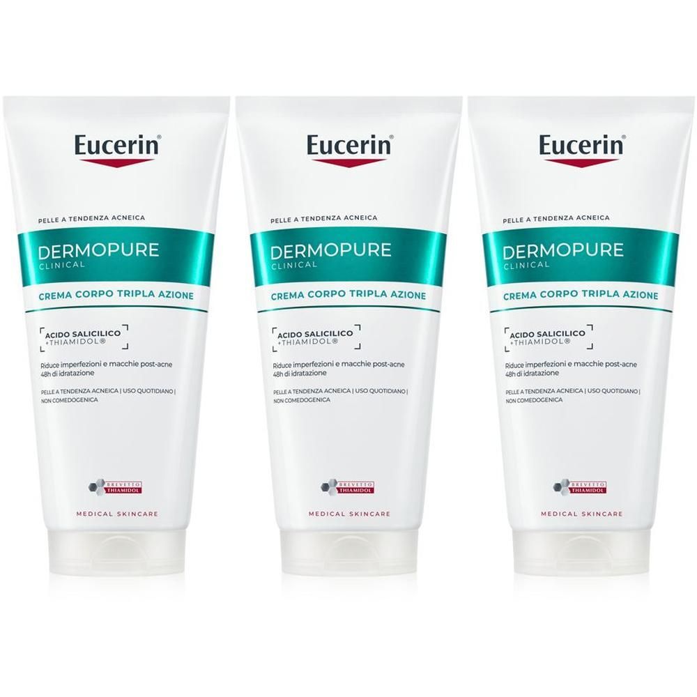 Tre tubi bianchi di Eucerin Dermopure Crema Corpo con banda turchese e nome del prodotto.
