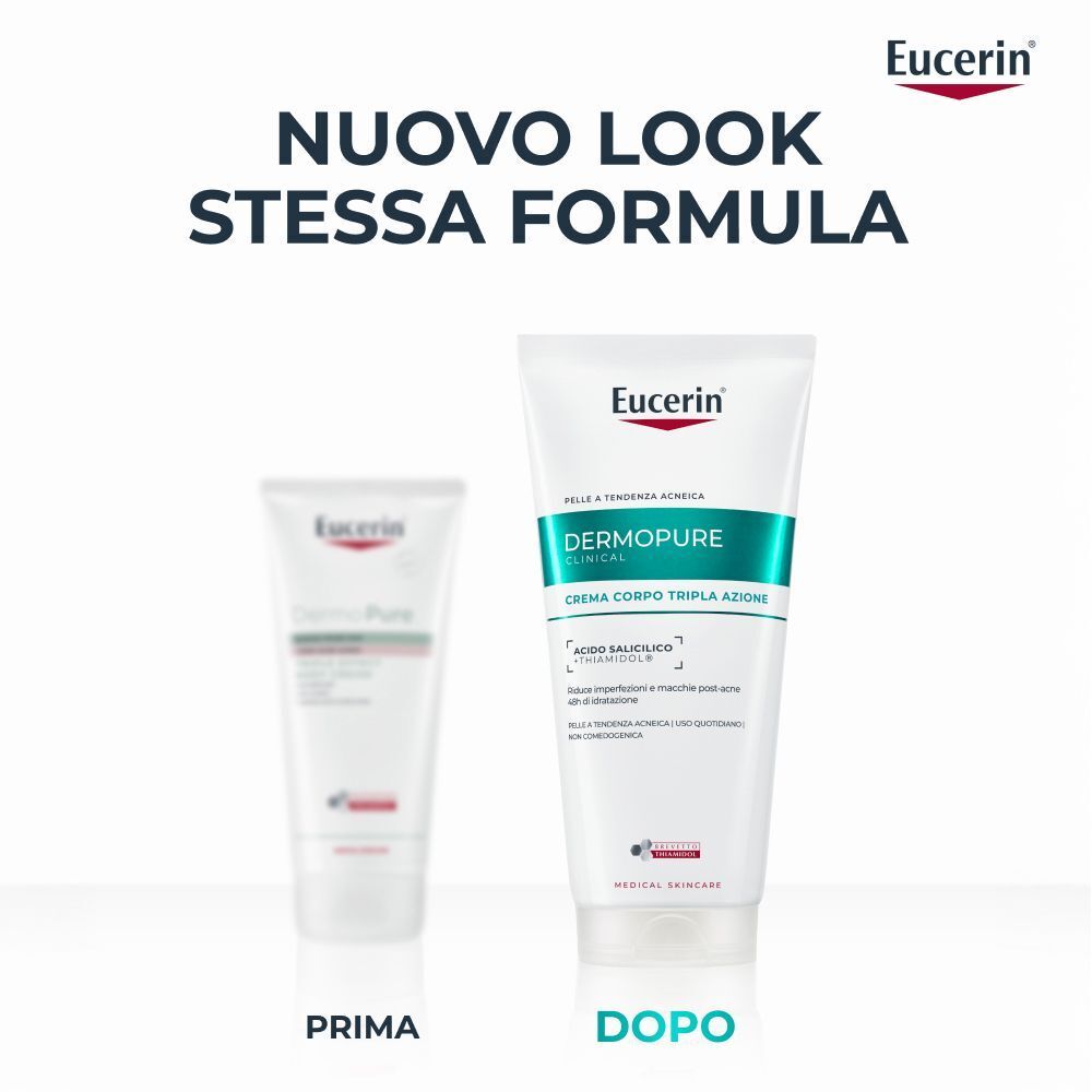 Confronto tra Eucerin Dermopure Crema Corpo prima e dopo il nuovo look, stessa formula.