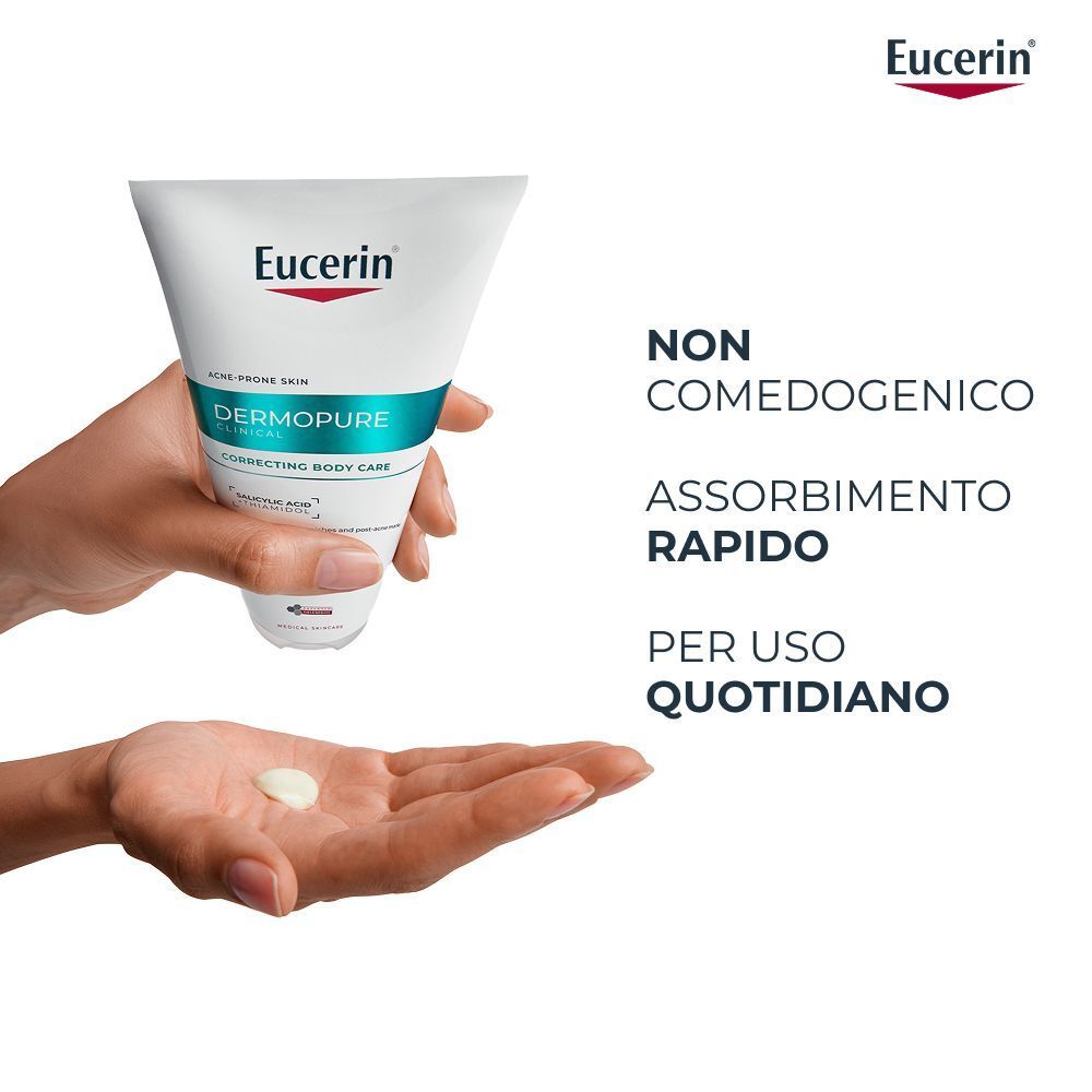 Crema applicata sul palmo, Eucerin Dermopure Crema Corpo è non comedogenica.