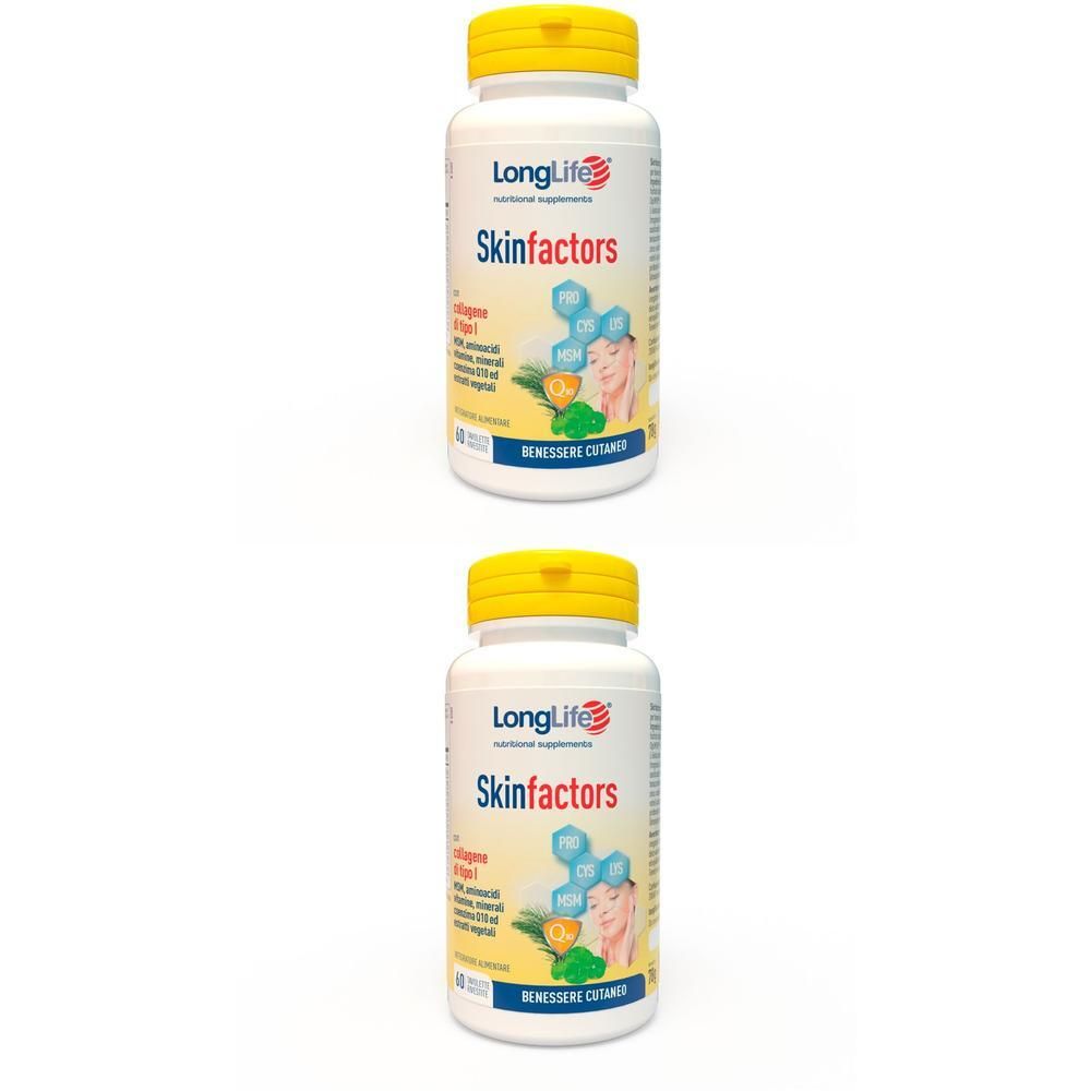 Due flaconi di integratori LongLife Skinfactors con tappi gialli.