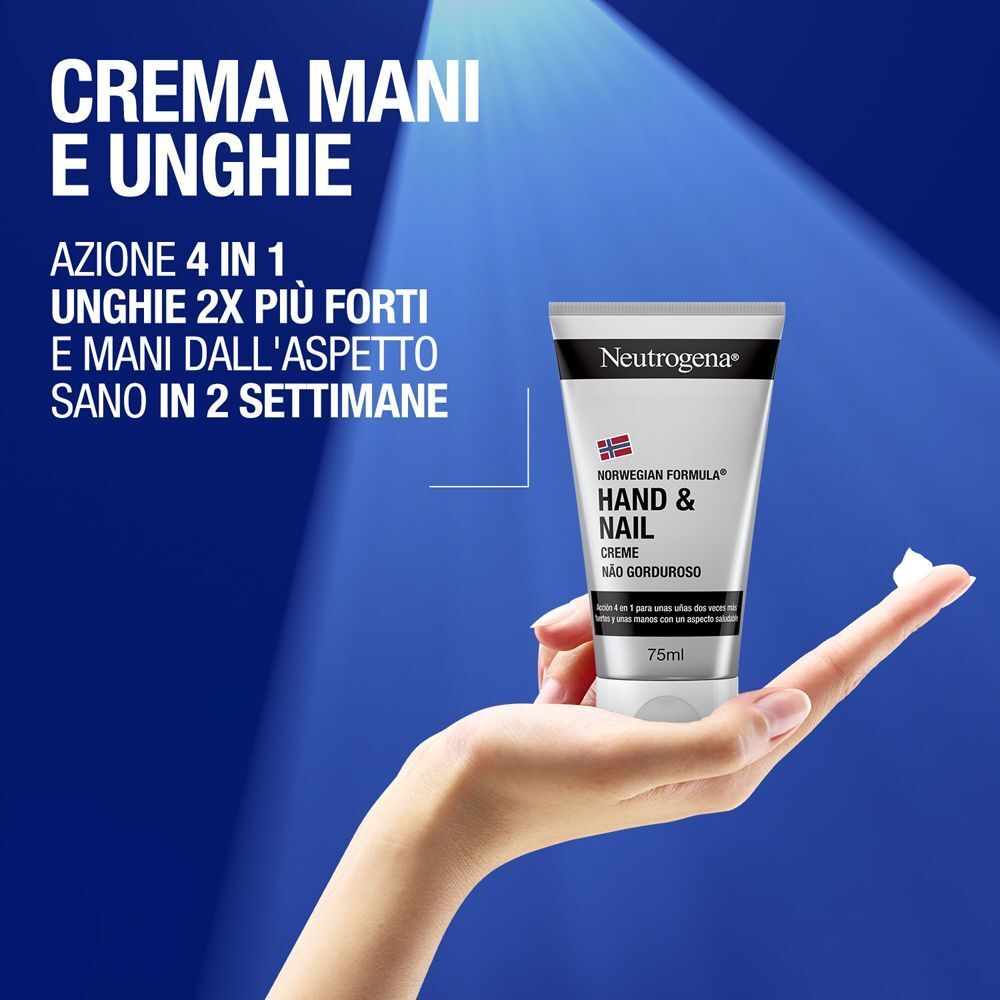 Mano che tiene un tubo di crema mani e unghie Neutrogena con una piccola quantità di crema sul dito.