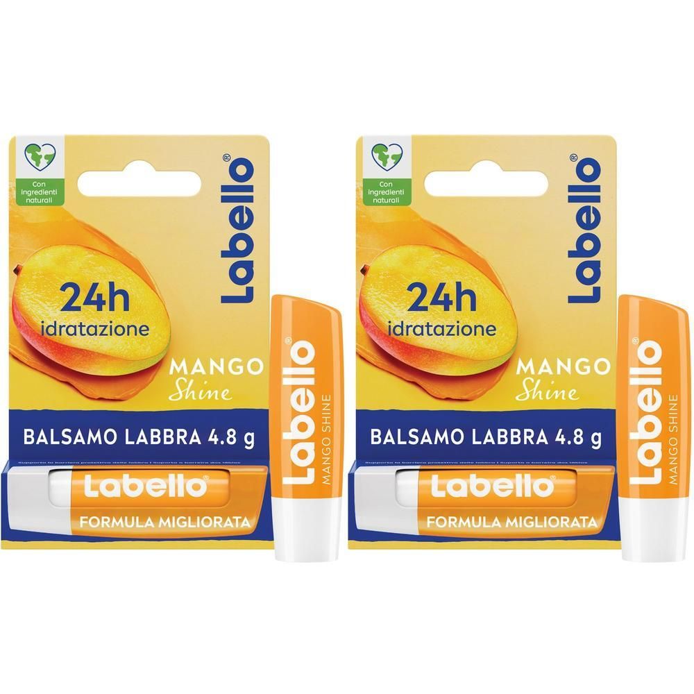 Due burrocacao Labello Mango Shine in confezione di vendita con motivo mango.