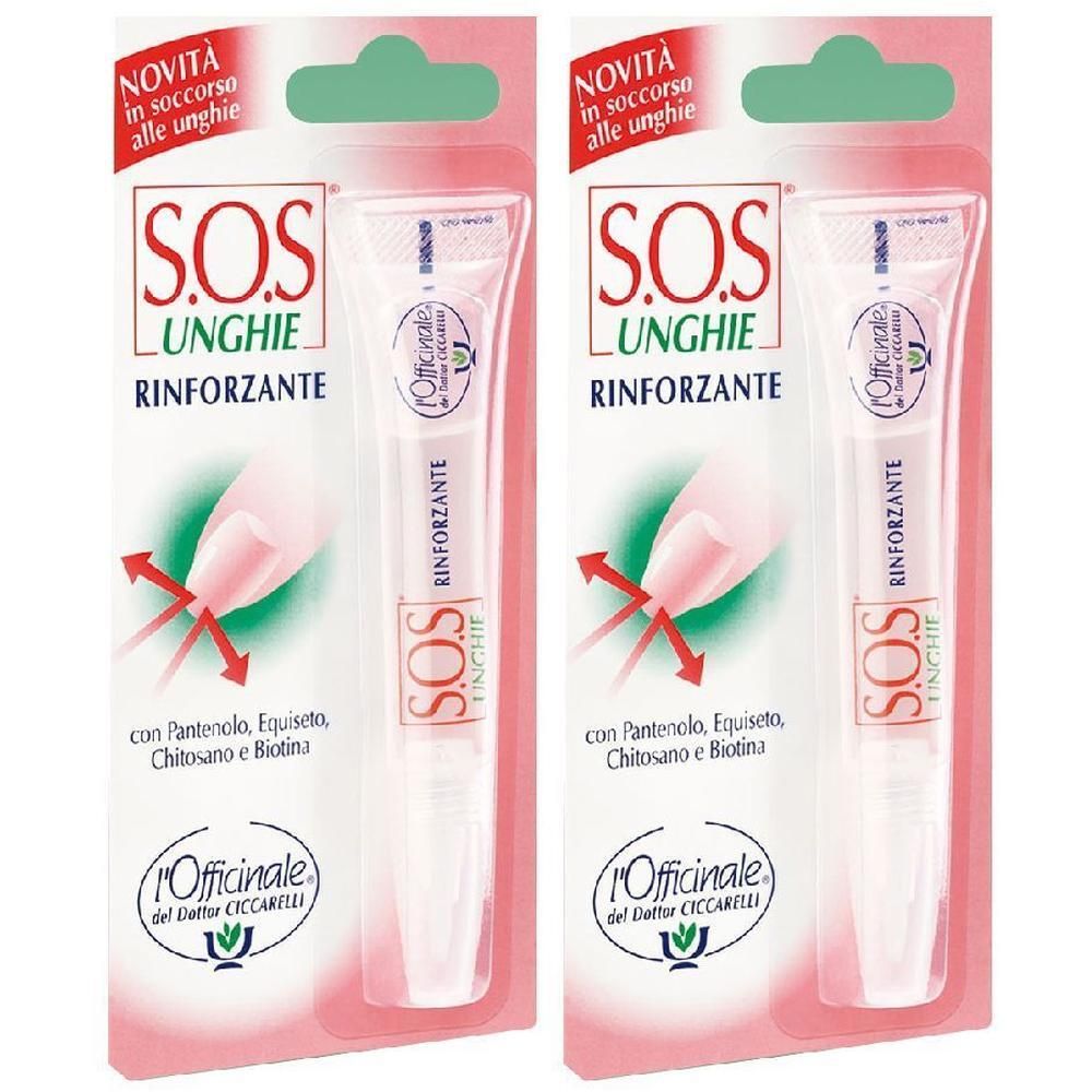 Due flaconi di SOS Unghie Rinforzante fortificante per unghie con applicatore. Liquido trasparente.