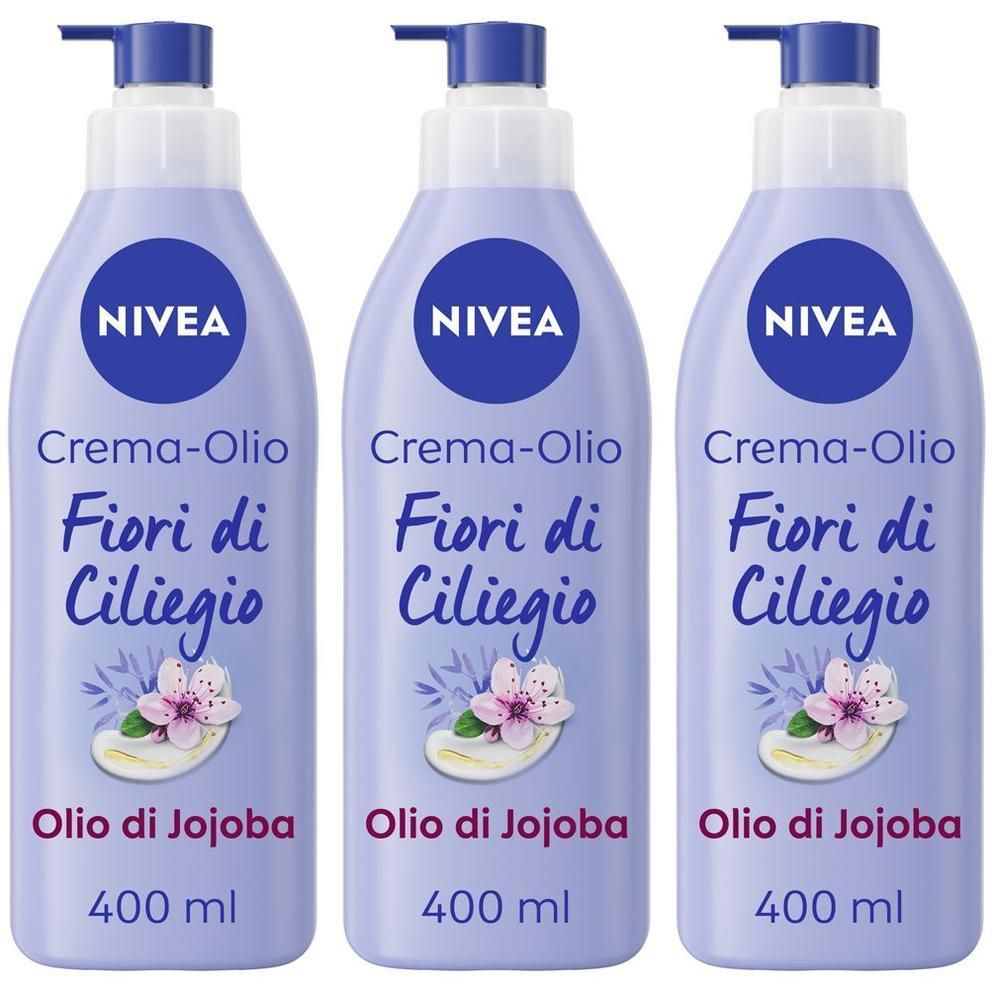 Tre flaconi di crema corpo Nivea Crema-Olio Fiori di Ciliegio con dispenser a pompa.