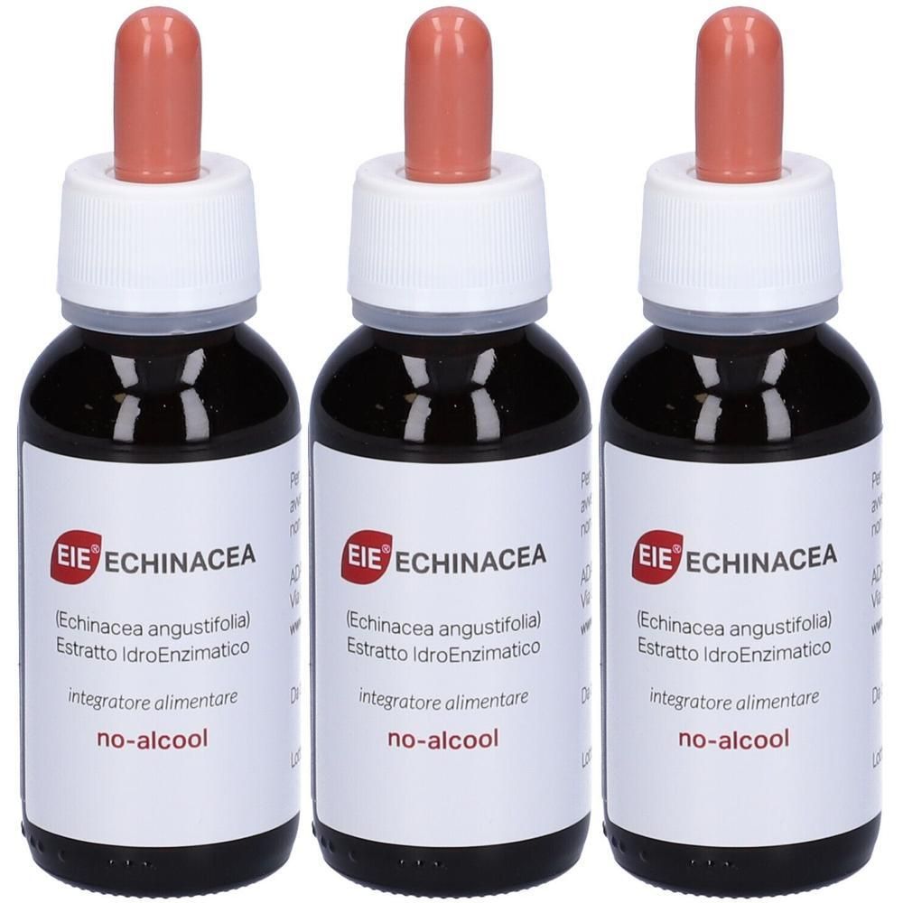 Tre flaconi di gocce di echinacea con contagocce. Liquido scuro, etichetta con logo rosso "EIE" e testo.